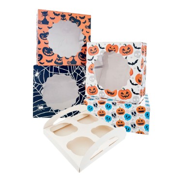Scatola per 4 cupcakes o dolcetti Teschio e zucca 17,5 x 17,5 x 8,5 cm