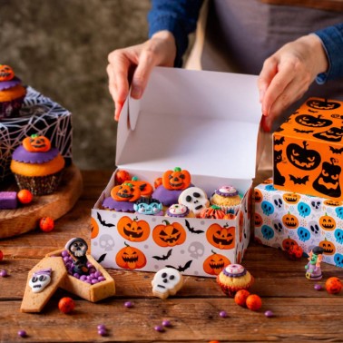 Scatola Happy per dolcetti Teschio e zucca 18x13,5x7,5 h cm