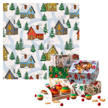 Box for 4 cupcakes or sweets Christmas village 17.5 x 17.5 x 8.5 cm