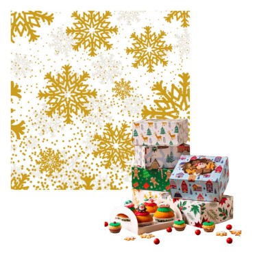 Scatola per 4 cupcakes o dolcetti Stelle di ghiaccio oro 17,5 X 17,5 X 8,5 cm