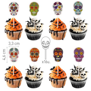 Decorazioni per cupcake e torte teschi 16 pezzi