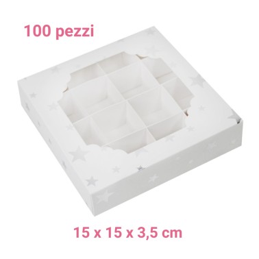 100 silver stars boxes with inserts 15 x 15 x 3.5 cm 