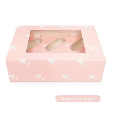 Scatola porta 6 cupcakes rosa con cuori bianchi - Sugarmania in vendita su Sugarmania.it