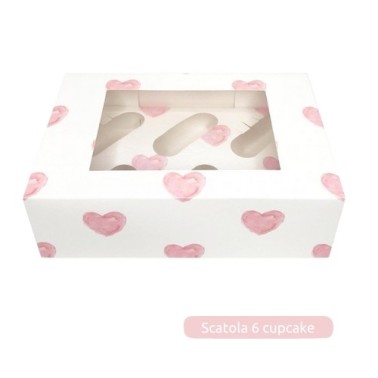Scatola porta 6 cupcake bianca con cuori rosa - Sugarmania in vendita su Sugarmania.it